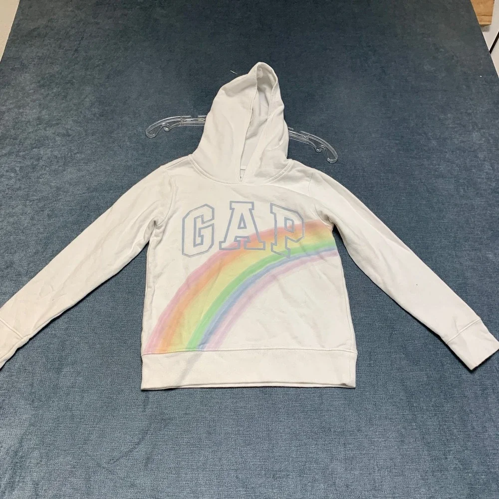 Gap Hoodie Kids M8 White Rainbow Graphic Print Logo Short Sleeve Pullover